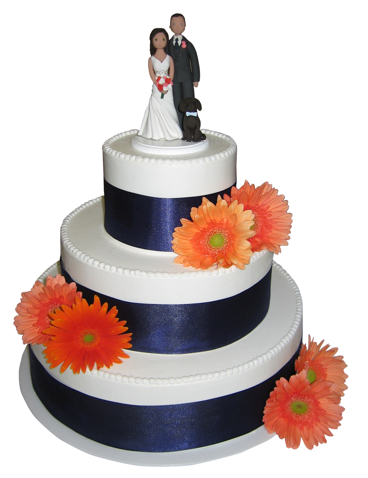 Navy Blue Wedding Cake with Couple Topper and Orange Flower Decorations PNG
