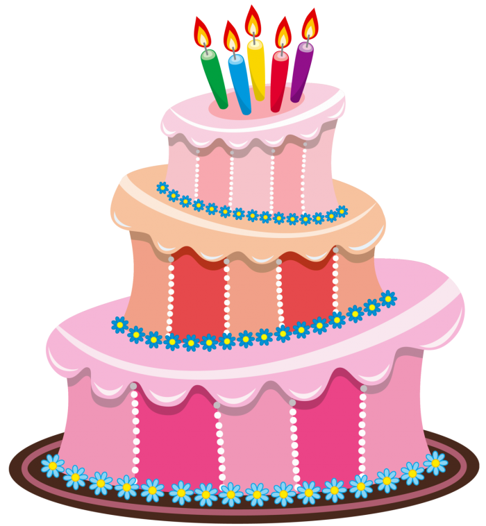 Pink Birthday Cake with Colorful Candles and Festive Tiered Icing PNG Image