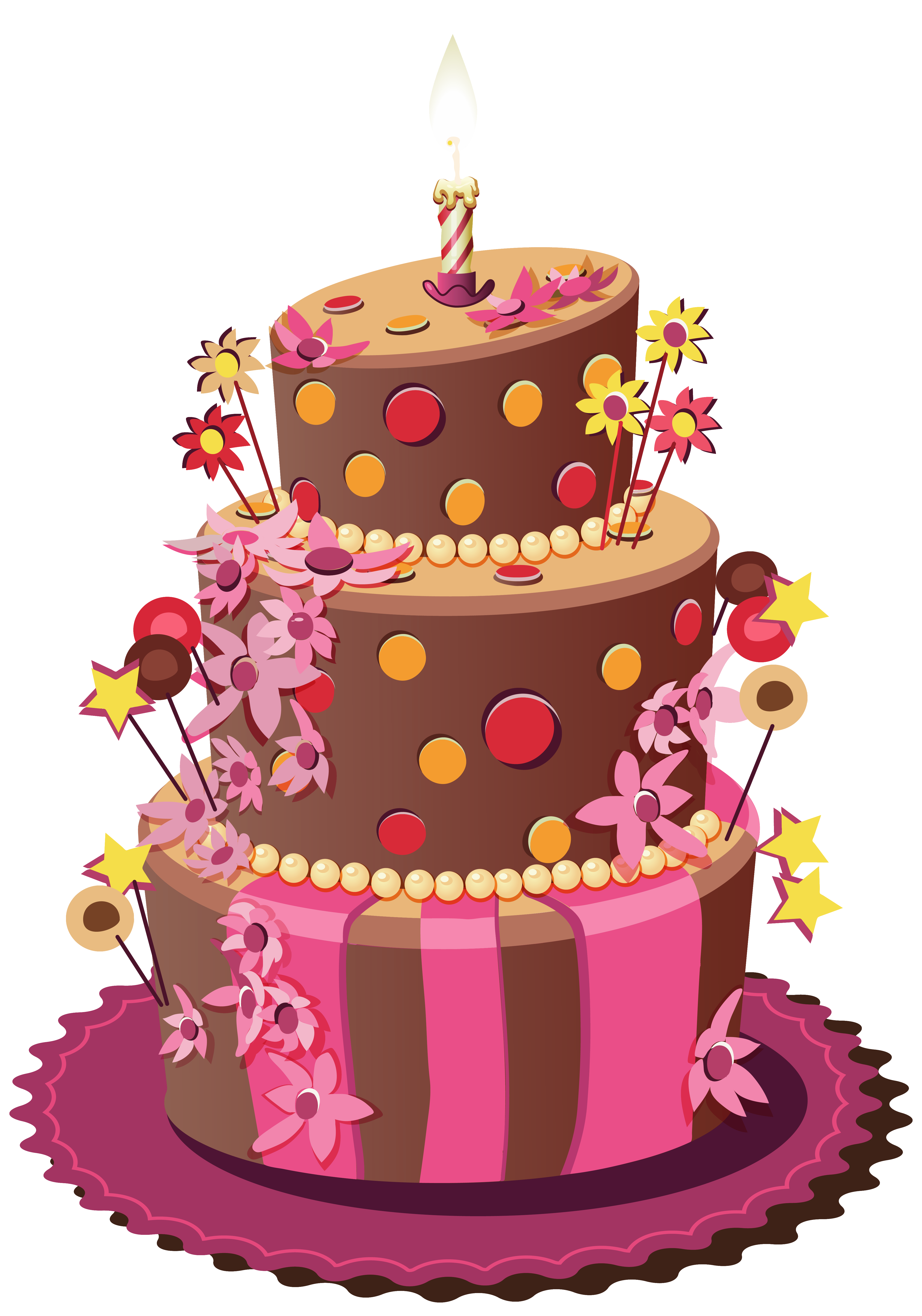 Pink Celebration Cake with Colorful Decorations and Candle PNG Dessert Photo