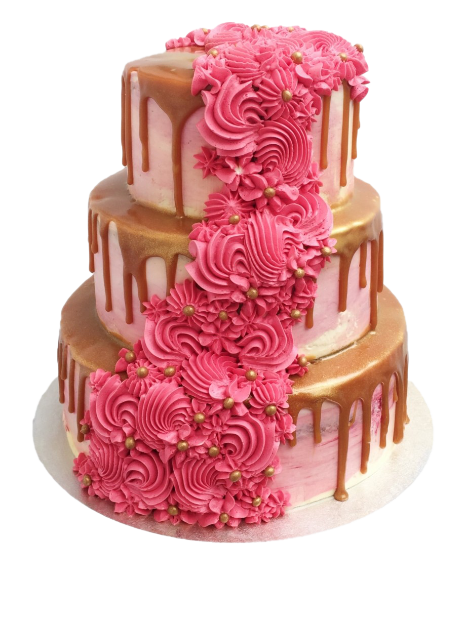Pink Ruffled Wedding Cake with Rose Flowers and Tiered Design PNG Image
