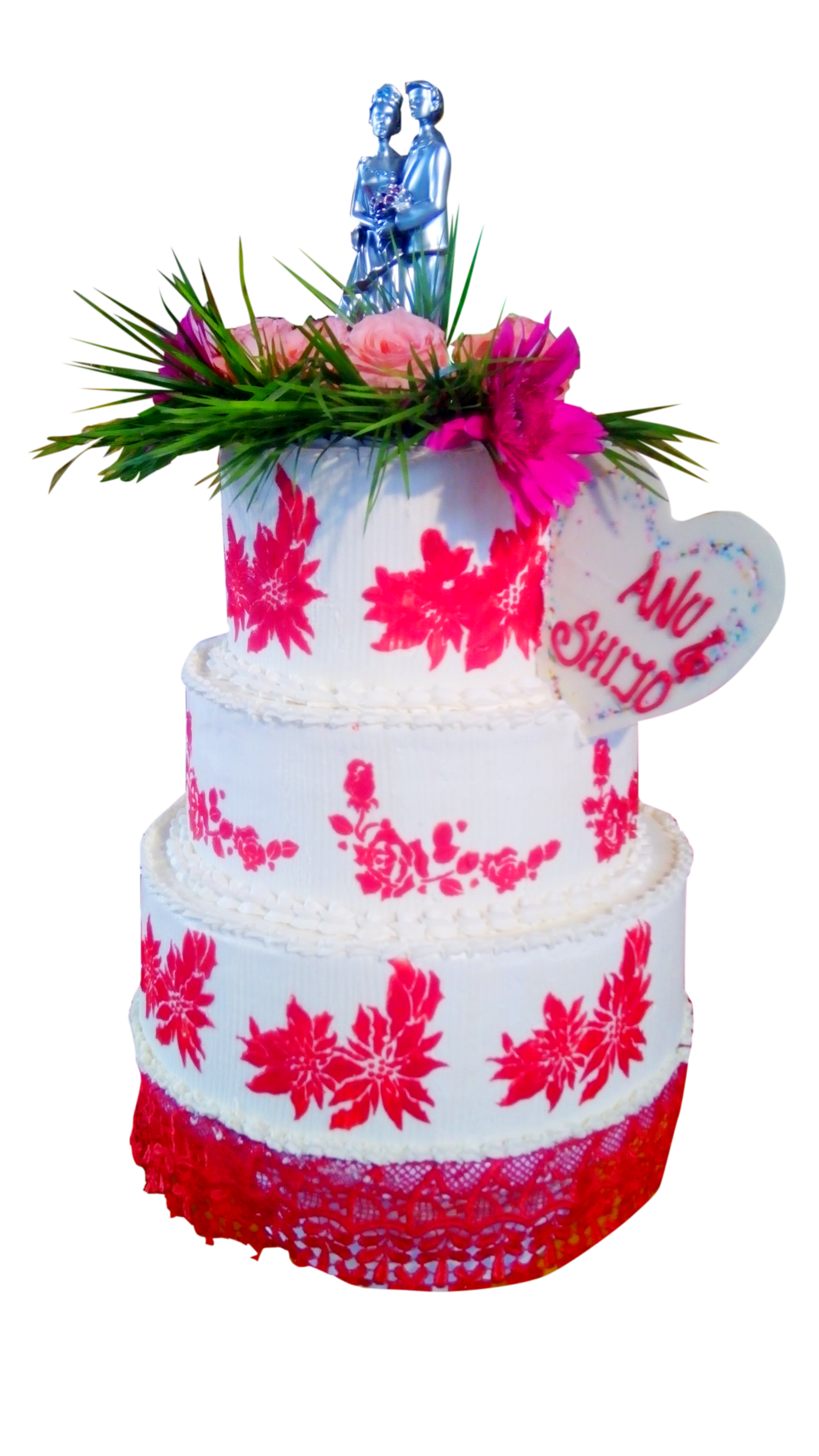 Pink Tiered Celebration Cake with Flower and Ribbon Decorations PNG Image
