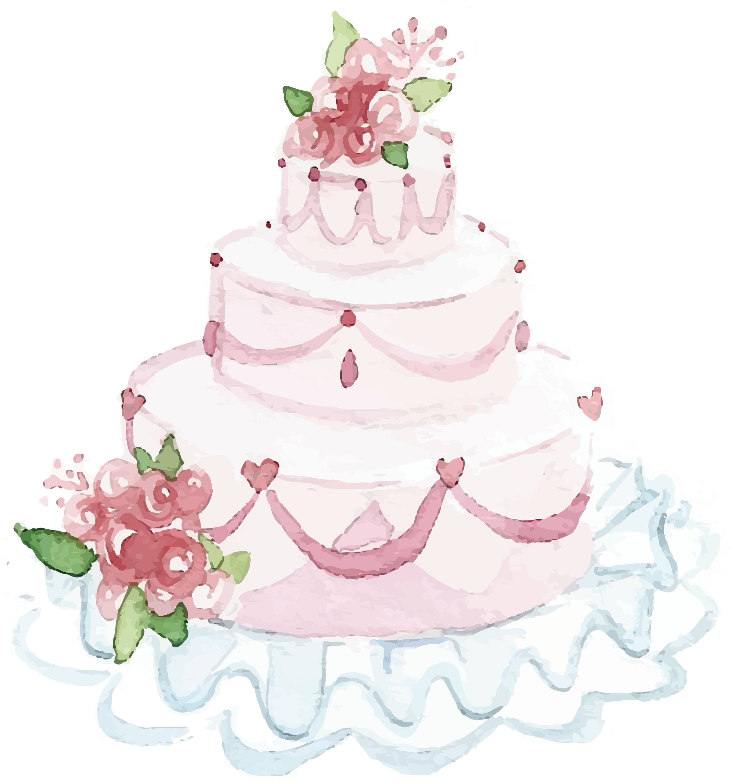 Pink Tiered Wedding Cake with Fresh Rose Bouquet Top Decoration PNG Image