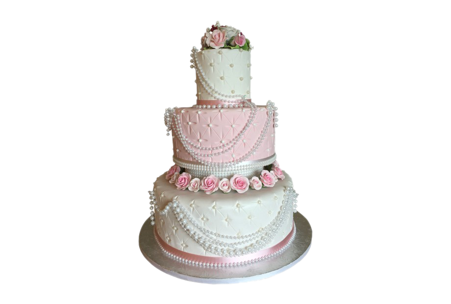 Pink Wedding Cake with Bride and Groom Figurines on Top Tier PNG Photo