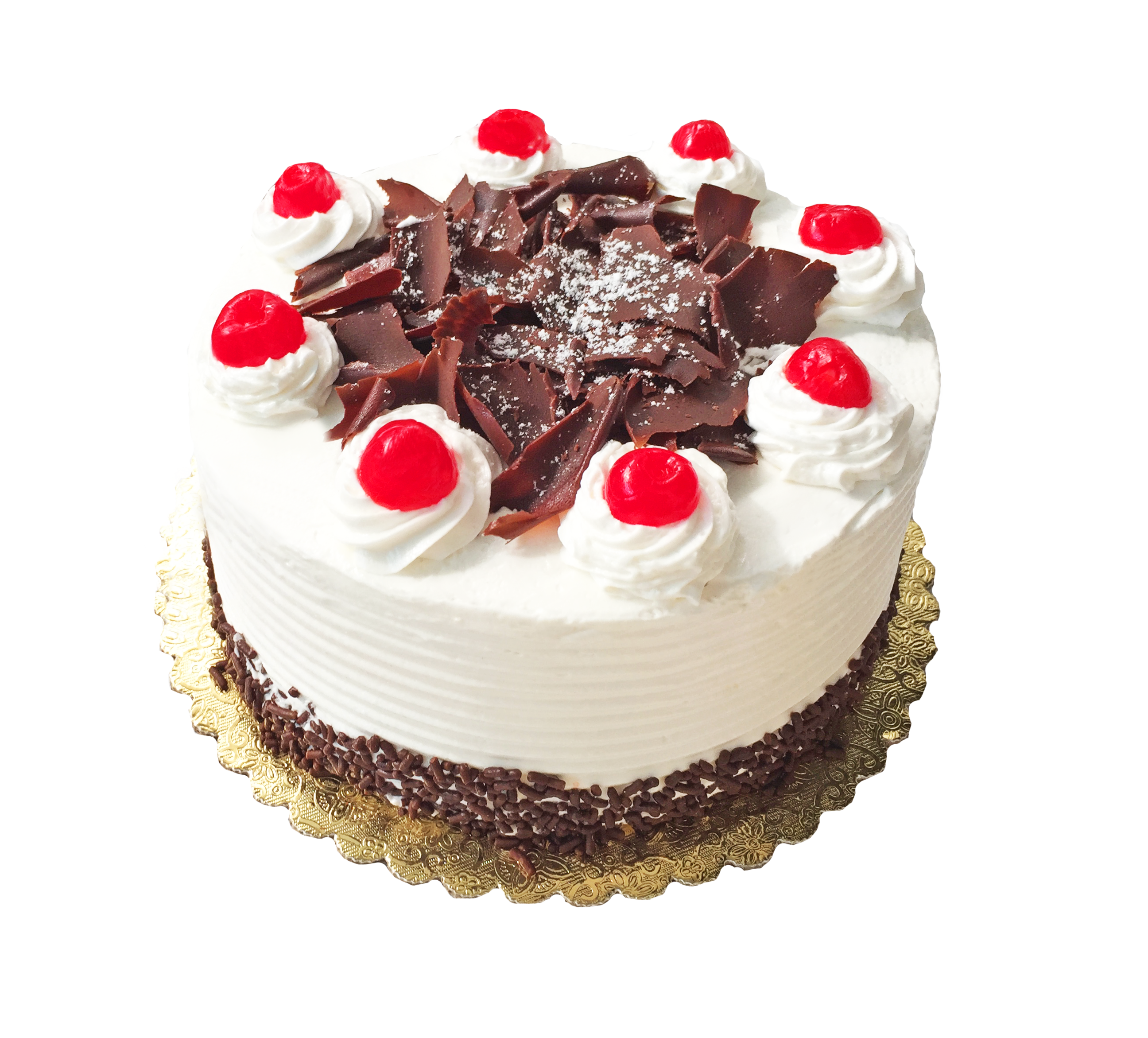 Round Chocolate Cake with Whipped Cream and Red Cherries Transparent PNG Image