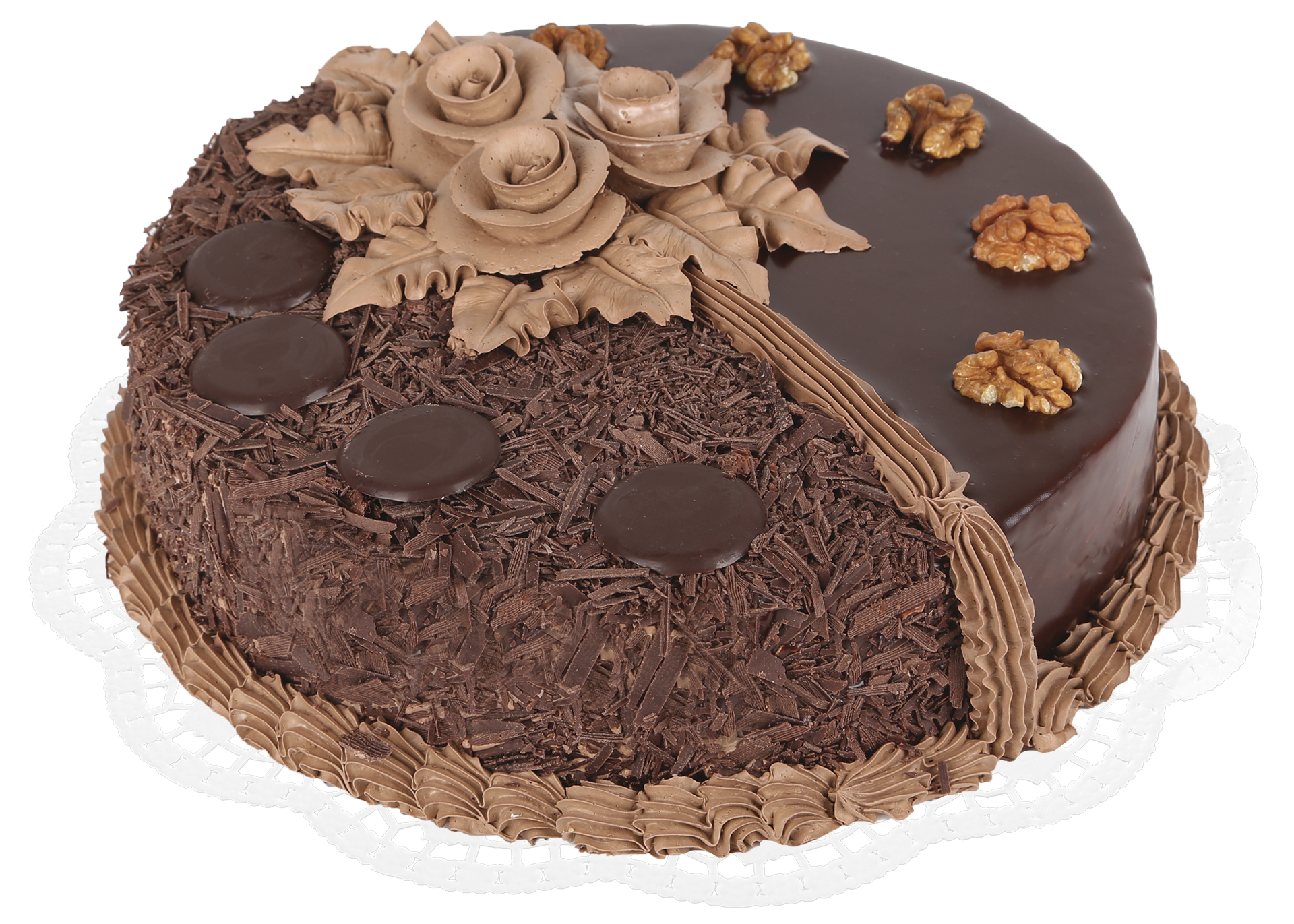 Round Chocolate Celebration Cake with Piped Frosting and Toppings PNG Food Photo