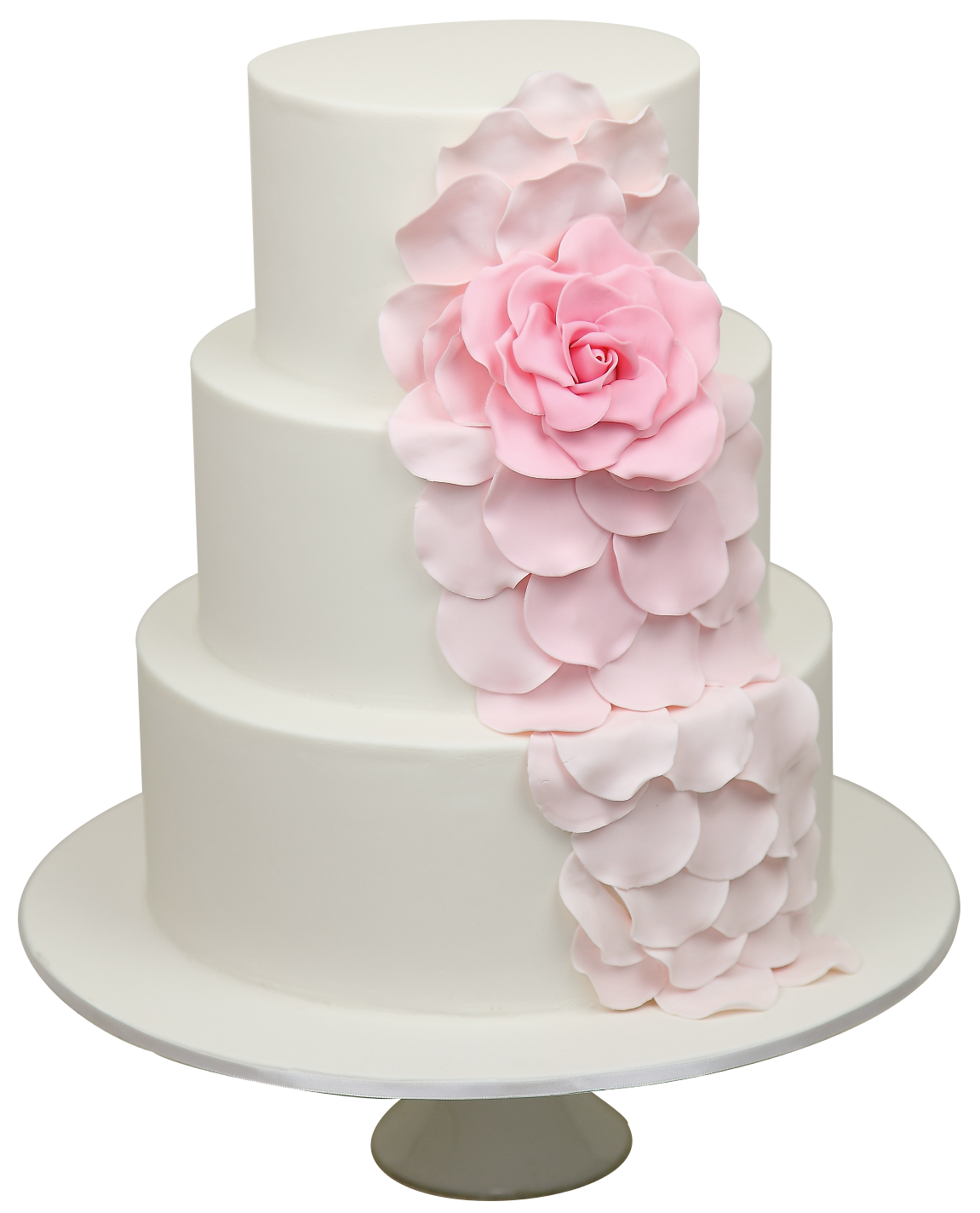 Simple White Tiered Wedding Cake with Pink Flower Accents PNG Image