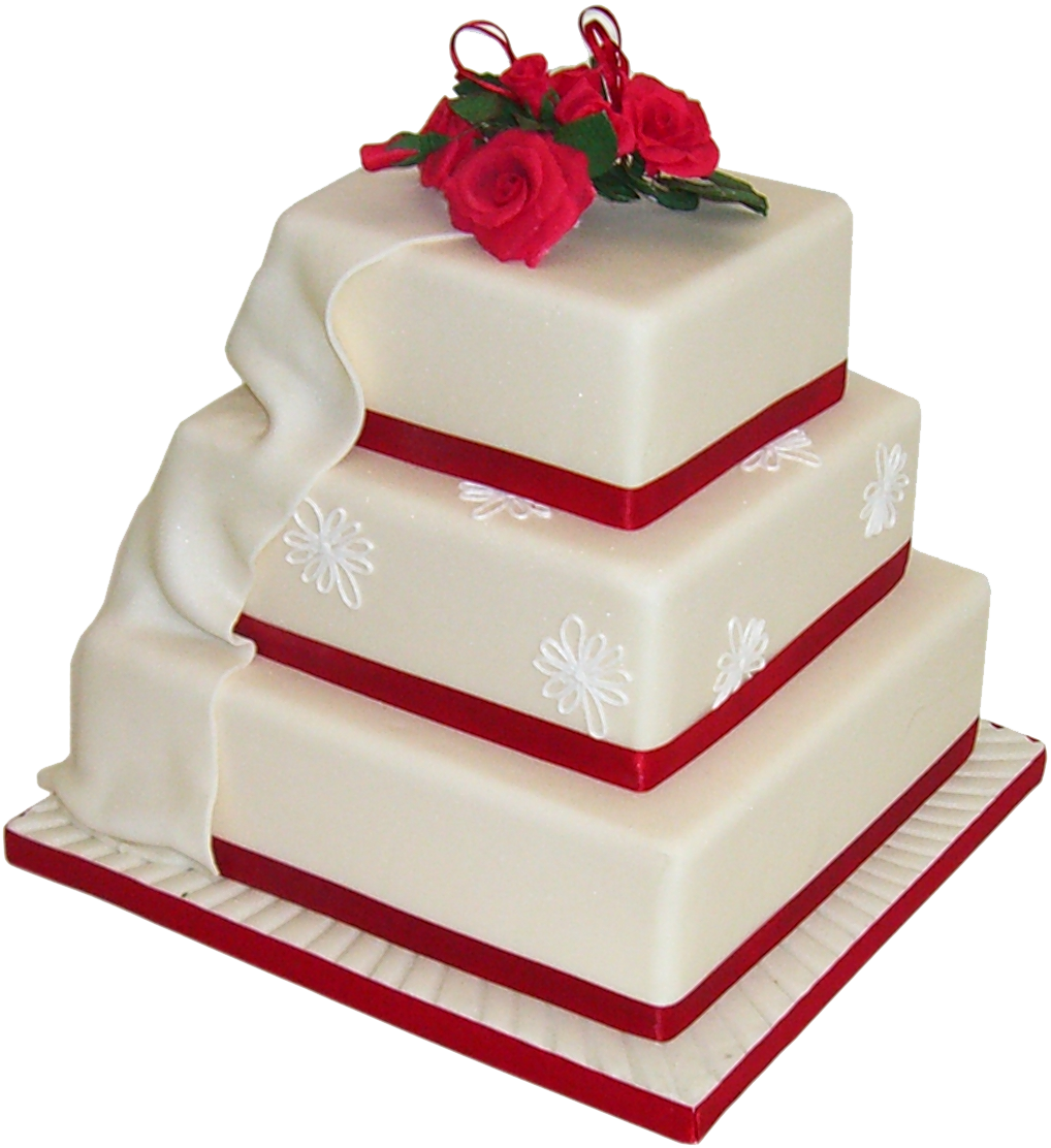 Square White Wedding Cake with Red Ribbon Trim and Tiered Design PNG Photo