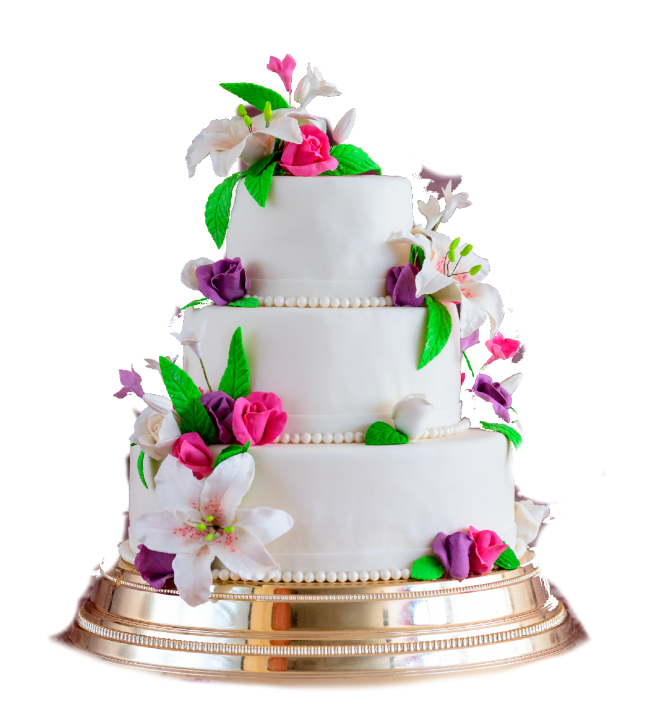 Tall White Wedding Cake with Colorful Flower Cascade Transparent PNG Image