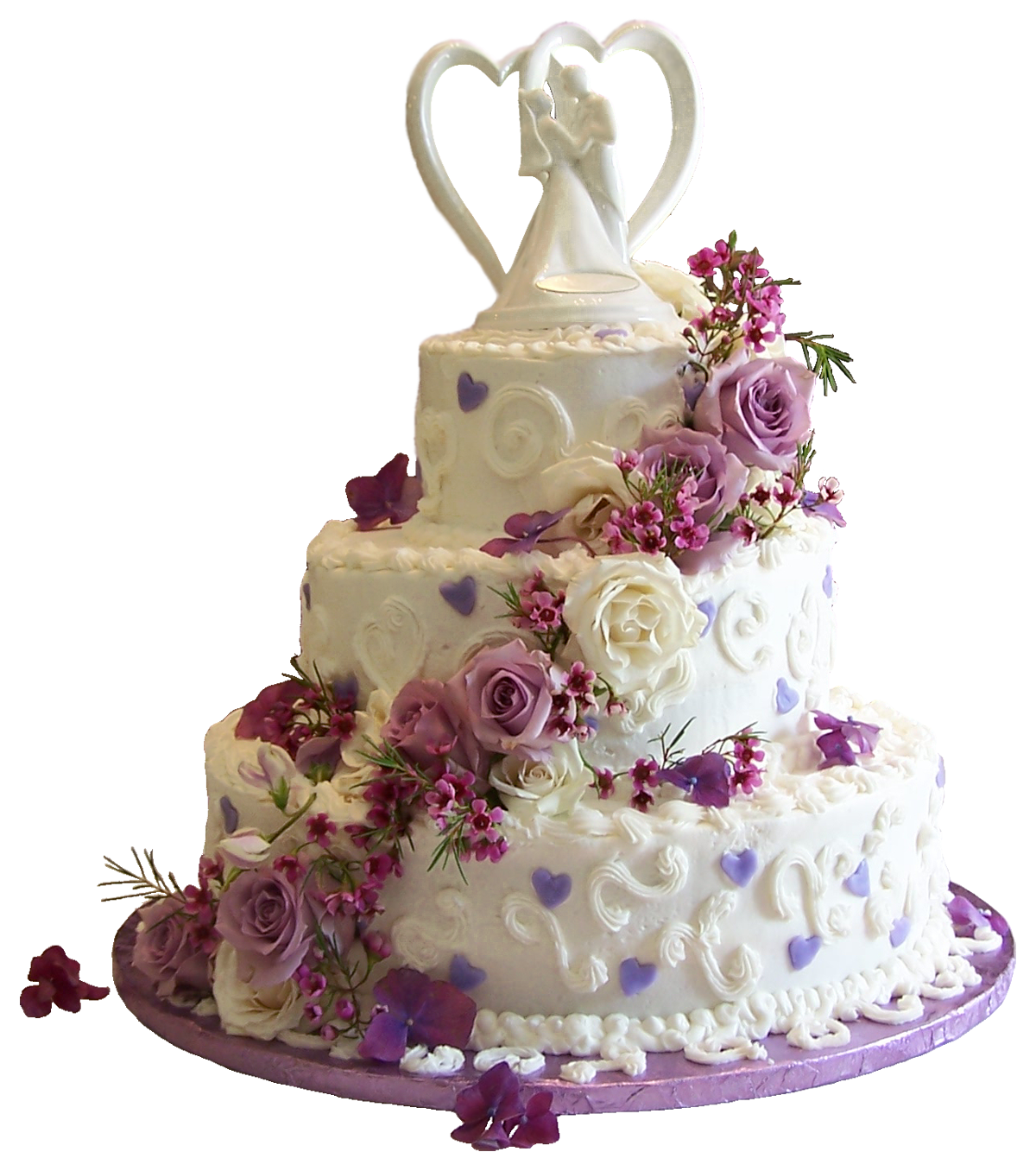 Vintage Wedding Cake with Fern Foliage and Burgundy Flower Decorations PNG Photo