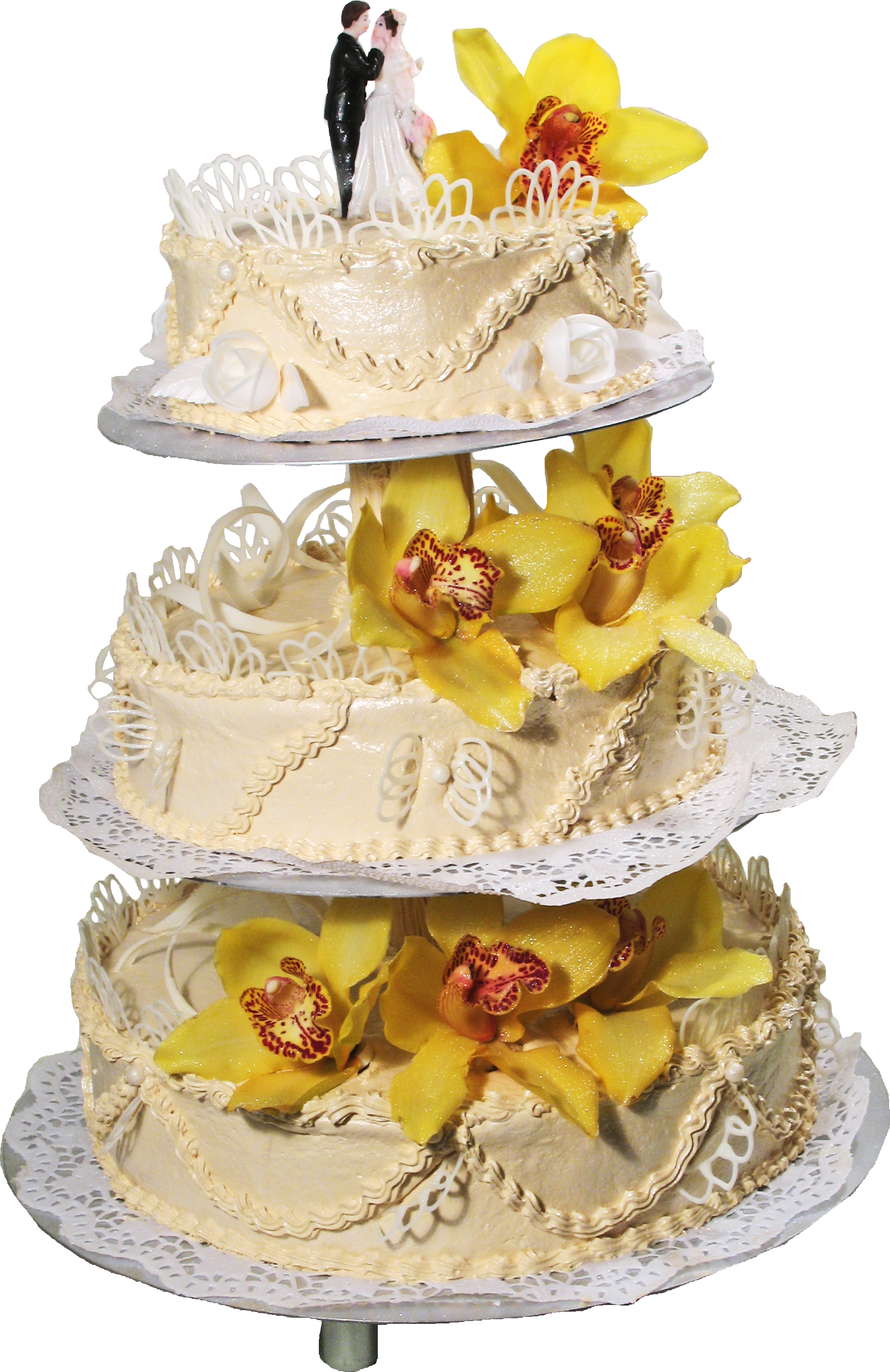 Wedding Cake with Yellow Flowers and Decorative White Frosting PNG Image