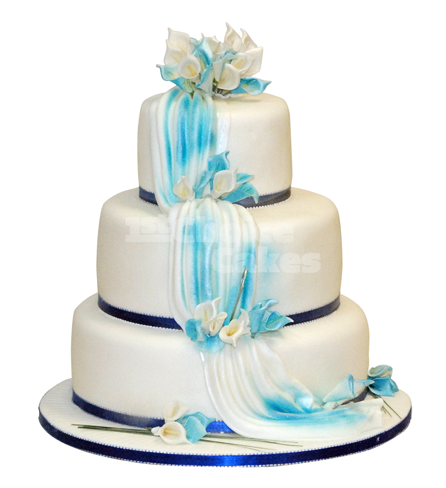 White and Blue Wedding Cake with Ribbon Layers and Silver Details PNG Photo