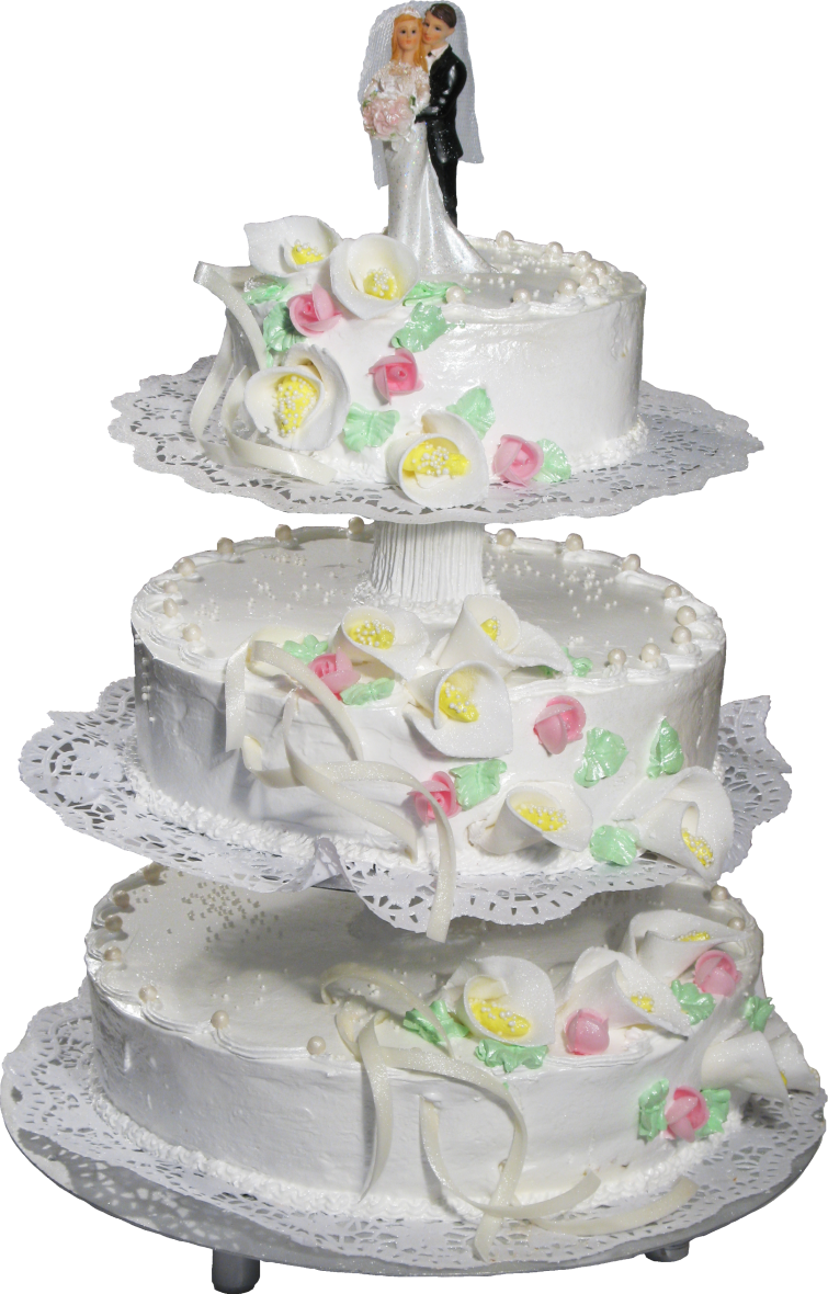 White Three Tier Wedding Cake Decorated with Pastel Flowers PNG Image