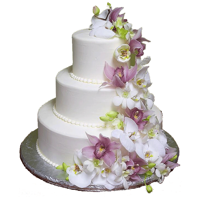 White Three Tier Wedding Cake with Purple Flower Decorations PNG Photo
