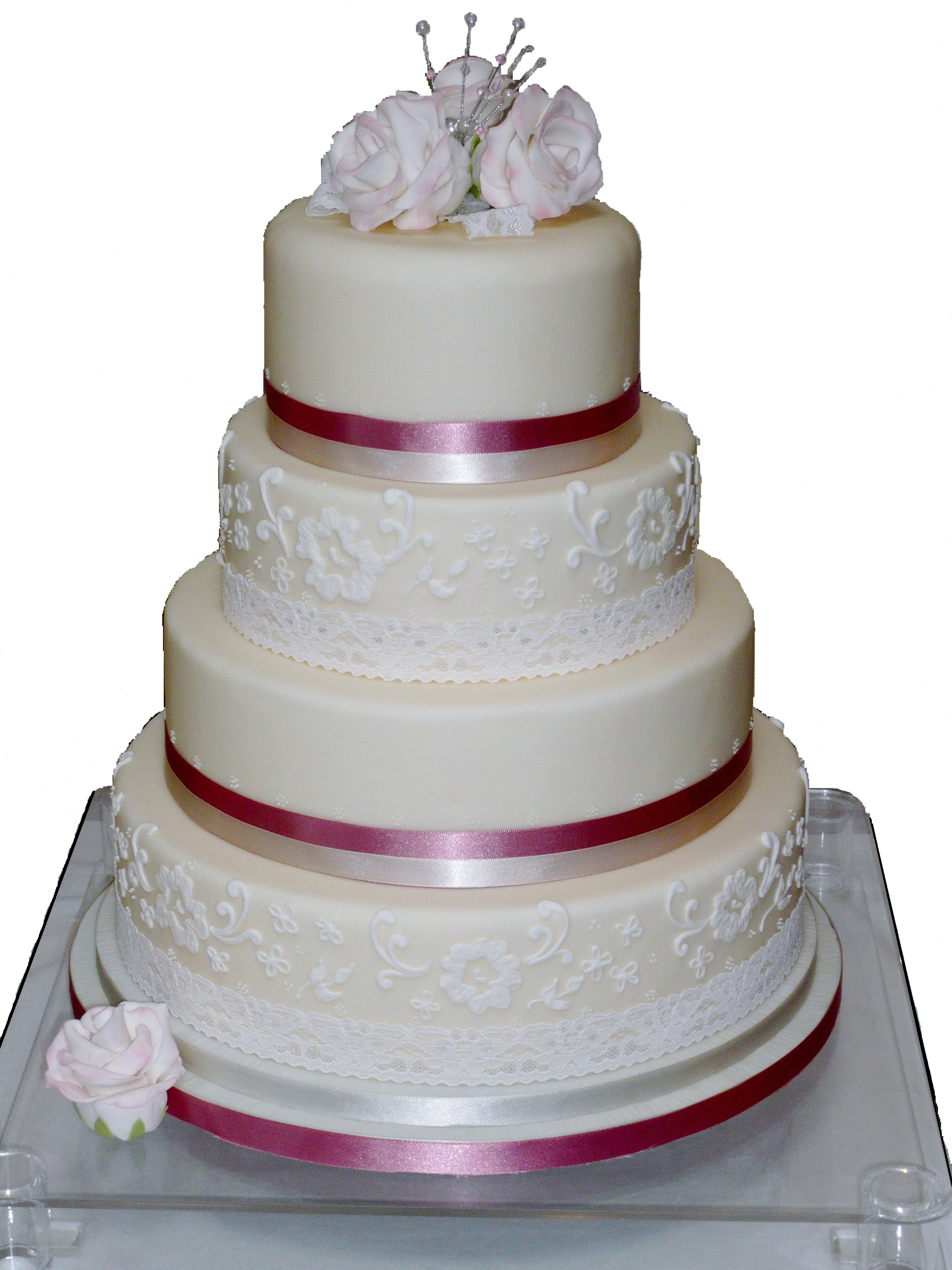 White Tiered Wedding Cake with Silver Beading and Elegant Topper PNG Photo