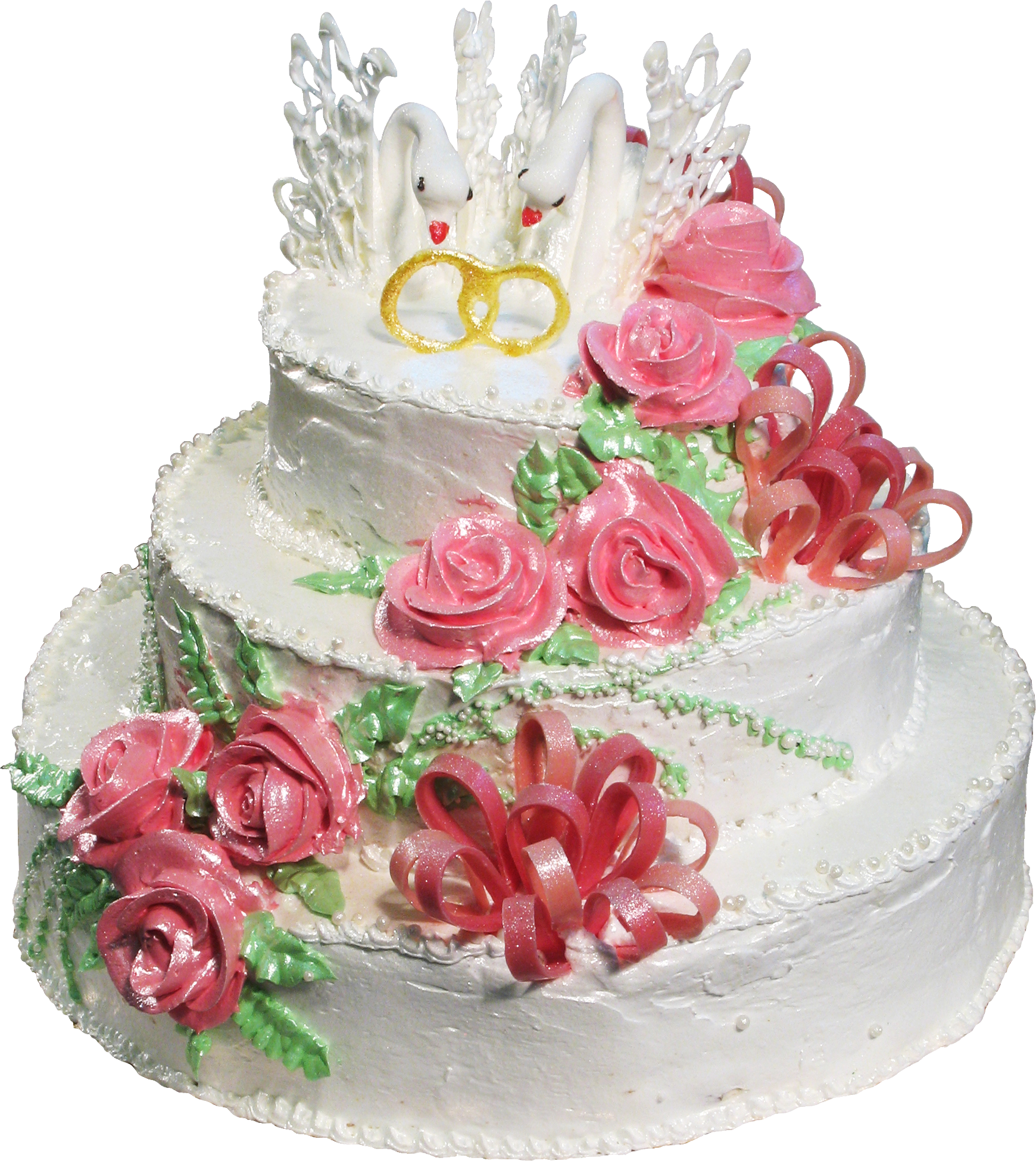 White Wedding Cake Decorated with Pink Roses and Green Leaves PNG Photo