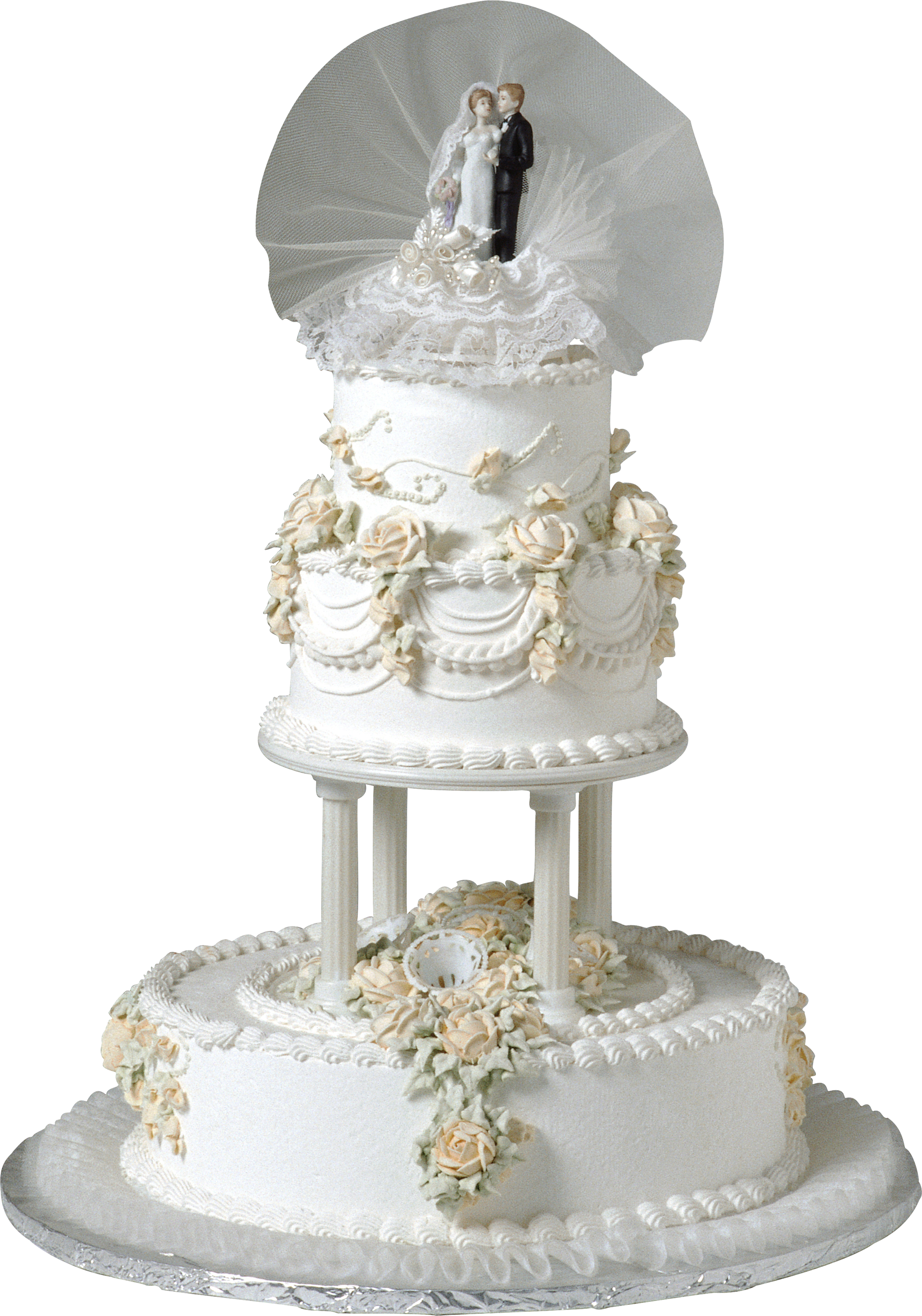White Wedding Cake with Bride and Groom Figurine Topper on Stand PNG Photo