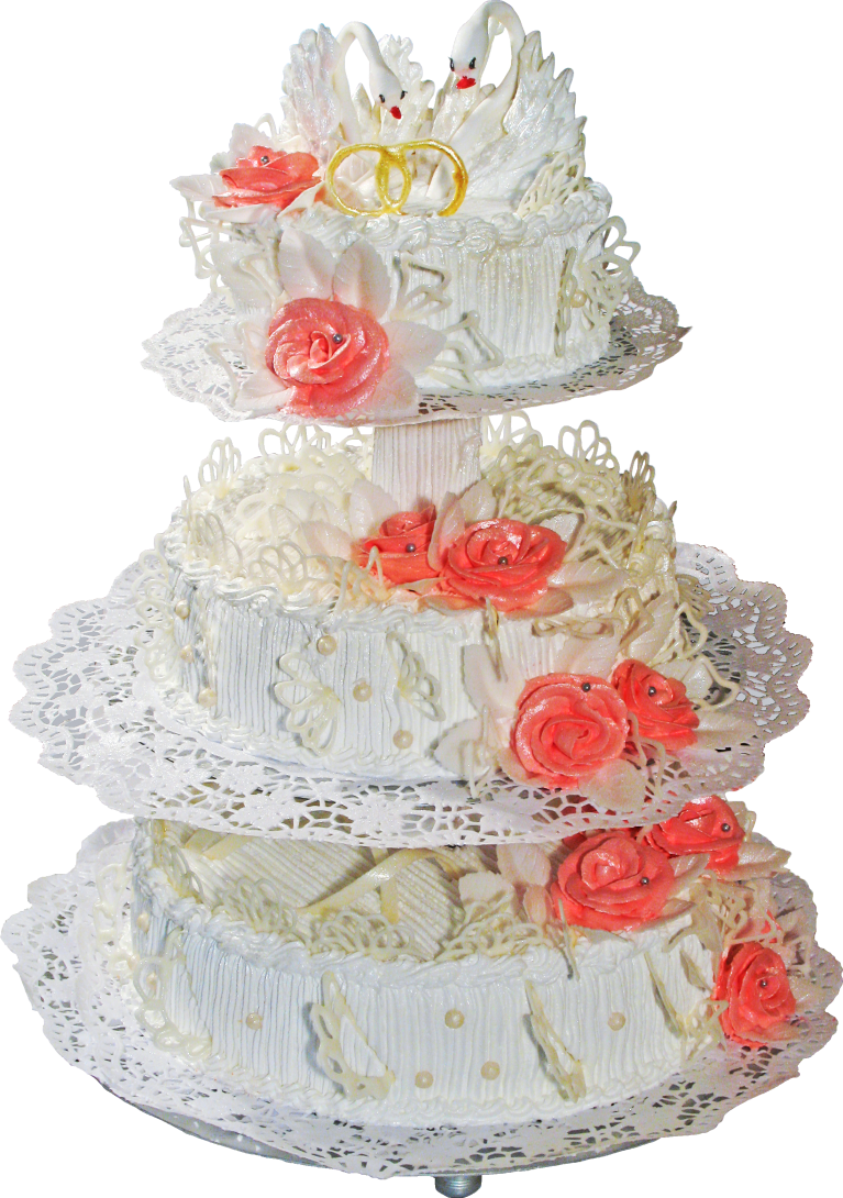 White Wedding Cake with Red and Pink Flower Garland Decorations PNG Photo