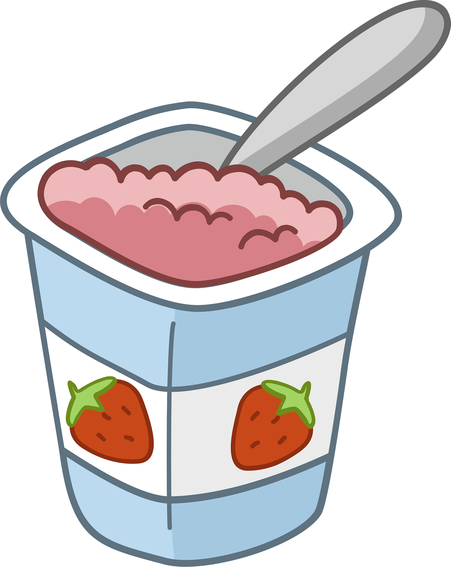 Cartoon Strawberry Yogurt Cup with Spoon and Berry Toppings PNG Food Illustration