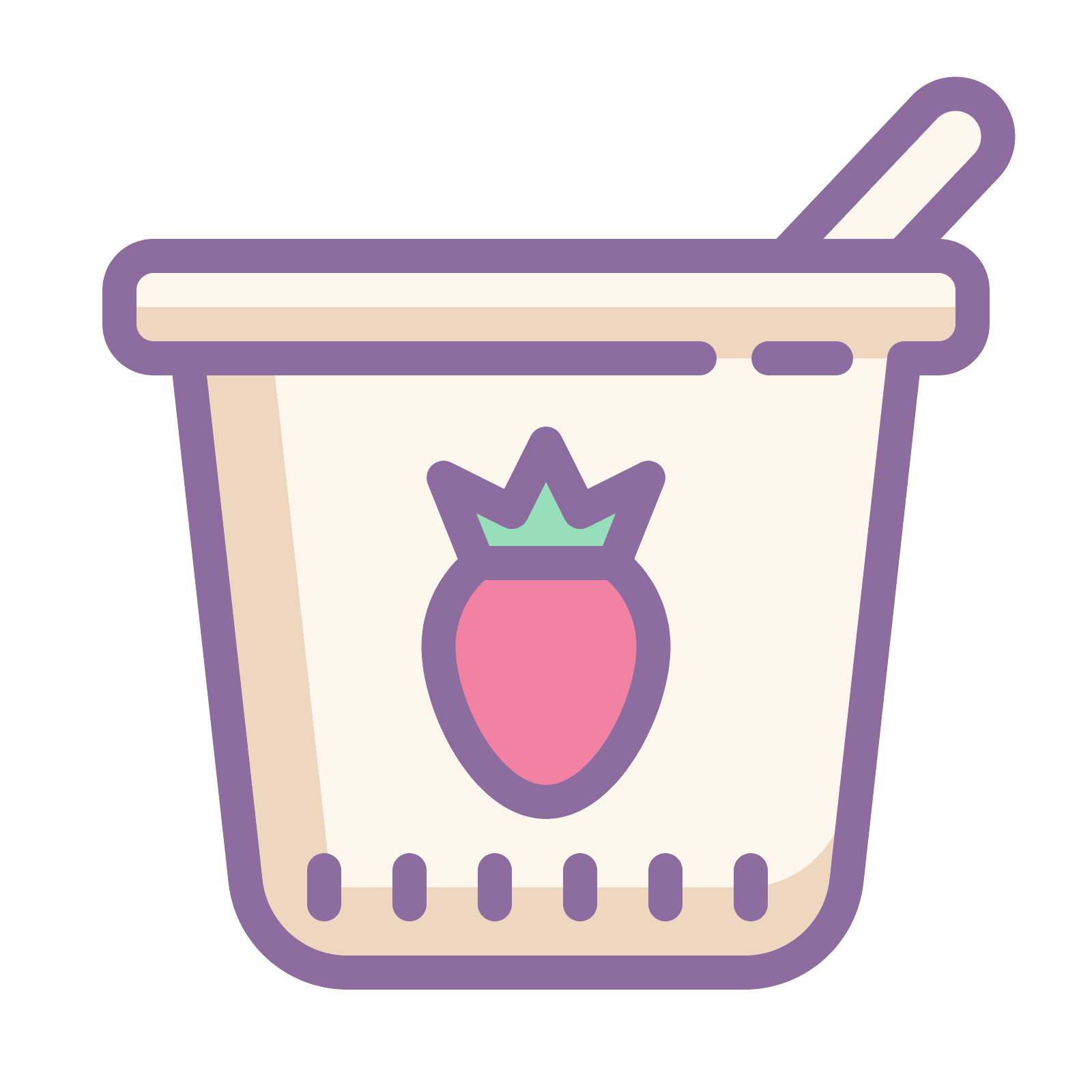 Cartoon Yogurt Cup with Strawberry Logo and Purple Spoon PNG Graphic