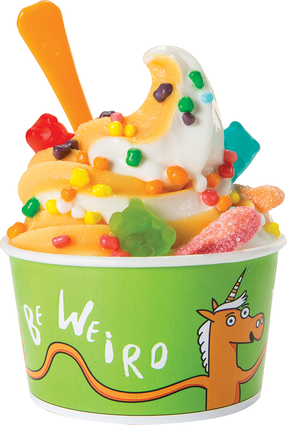 Colorful Cartoon Frozen Yogurt Cup with Fruit Toppings PNG Illustration