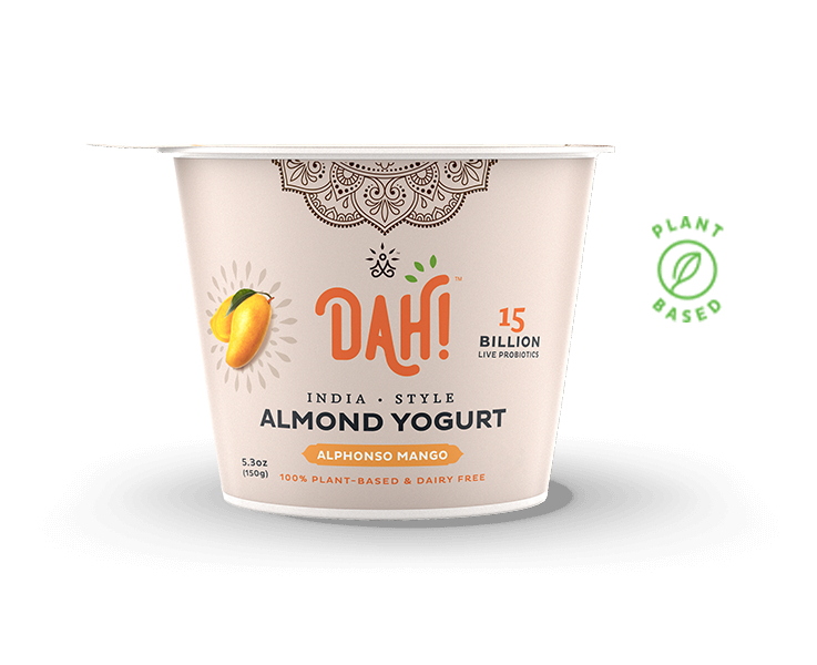 Dahi Almond Yogurt Single Serve Cup with Green Label PNG Food Packaging Photo