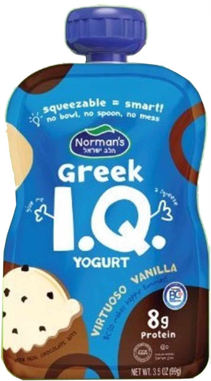 Greek IQ Yogurt Squeeze Pouch with Blue Cap and Cookie Pieces PNG Packaging Image