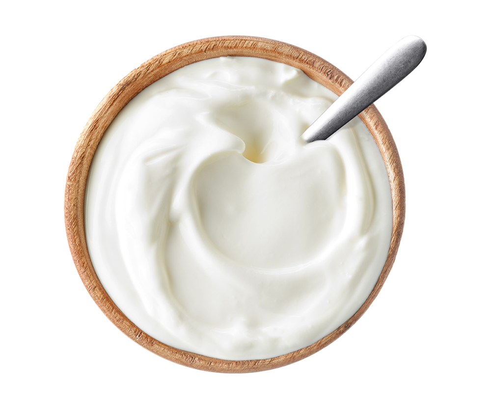 Plain Yogurt in Wooden Bowl with Spoon Viewed from Above PNG Food Photo