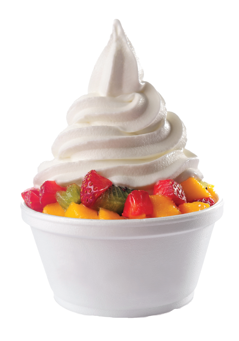 Soft Serve Yogurt Cup Topped with Colorful Fresh Fruit PNG Dessert Photo
