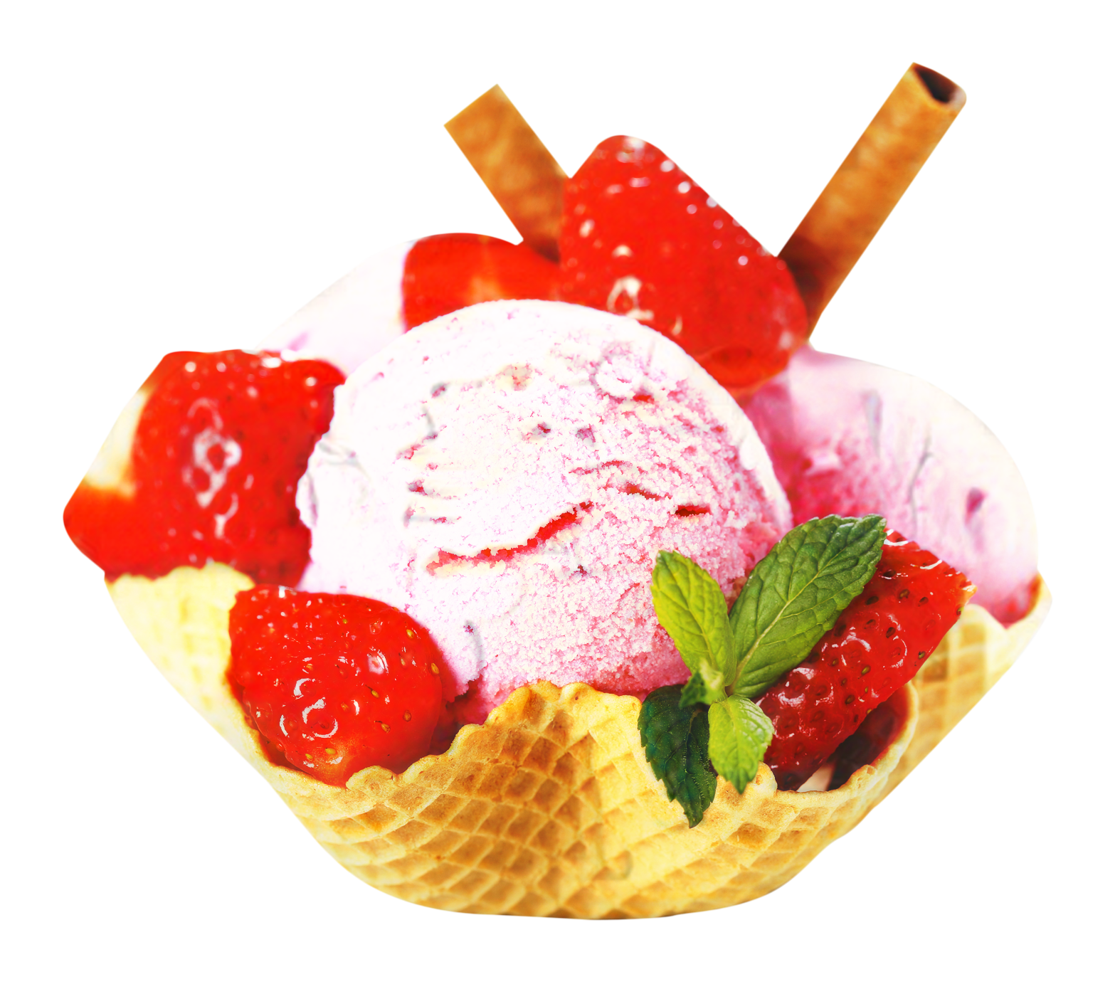 Strawberry Frozen Yogurt Sundae in Waffle Bowl with Wafer Sticks PNG Dessert Photo