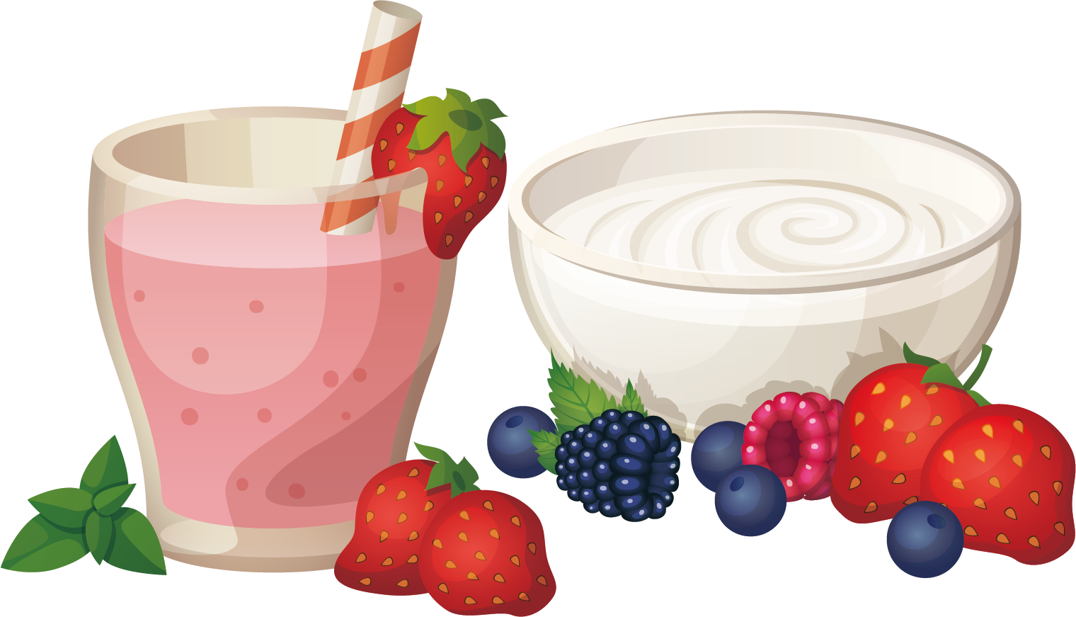 Strawberry Yogurt Smoothie with Bowl of Yogurt and Mixed Berries PNG Image
