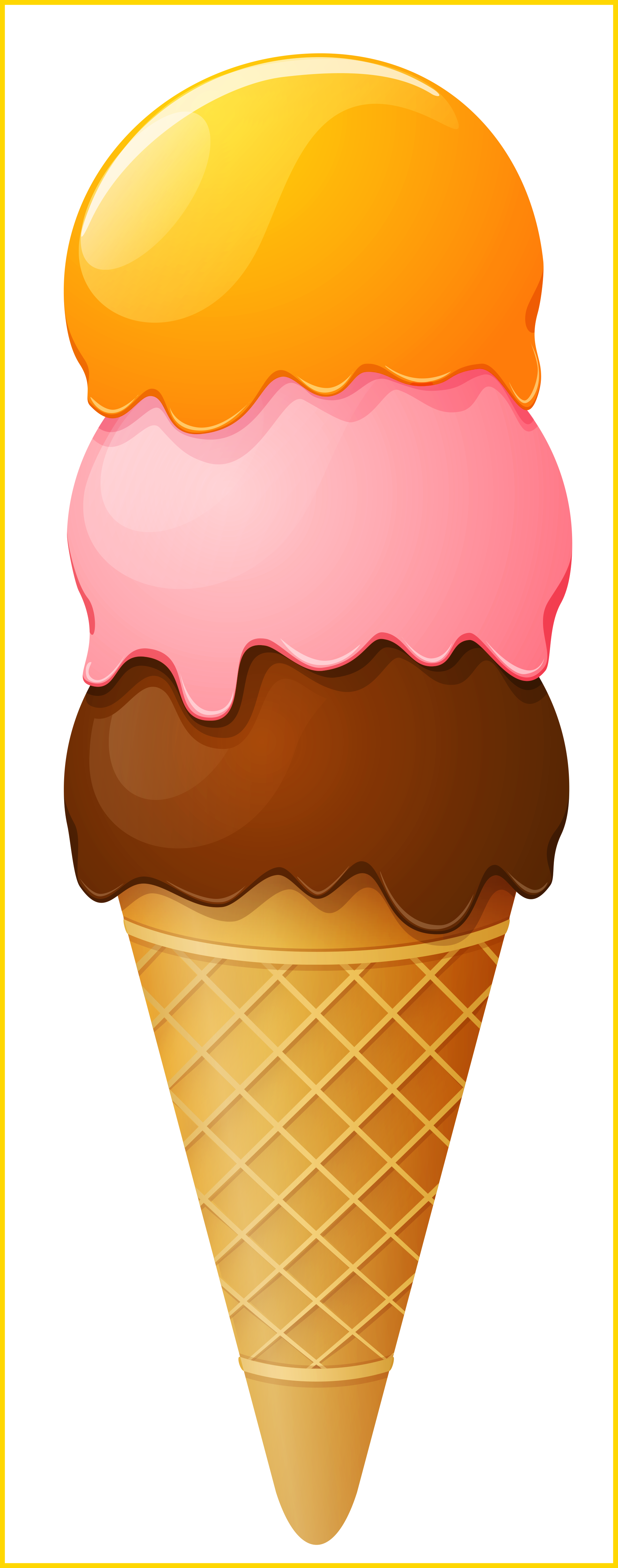 Triple Scoop Ice Cream Cone with Strawberry Vanilla and Chocolate PNG Dessert Image