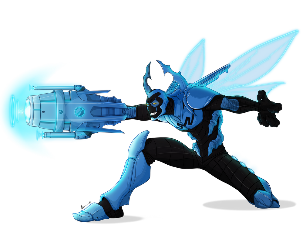 Blue Beetle Firing Energy Cannon Arm Action Pose Transparent Background PNG Image