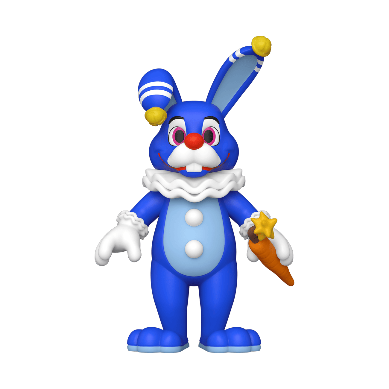 Blue Bunny Mascot Character With Clown Collar Holding Carrot 3D Render PNG