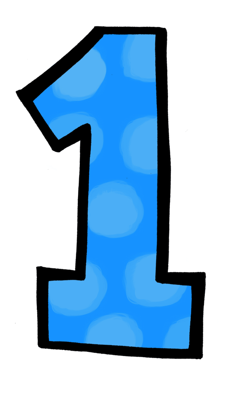 Blue Polka Dot Number 1 Cartoon Black Outline PNG Sticker