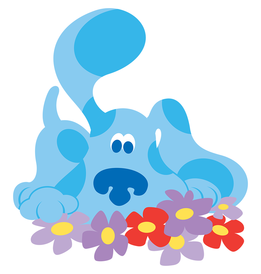 Blues Clues Blue Dog Lying In Colorful Flowers PNG File