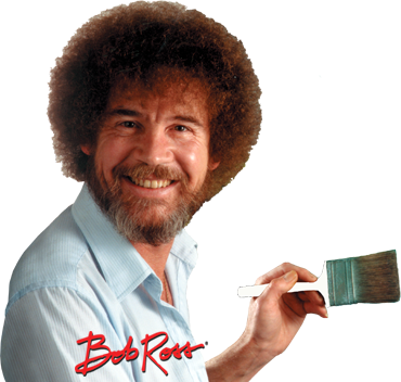 Bob Ross Holding Fan Brush With Red Signature Logo PNG Graphic