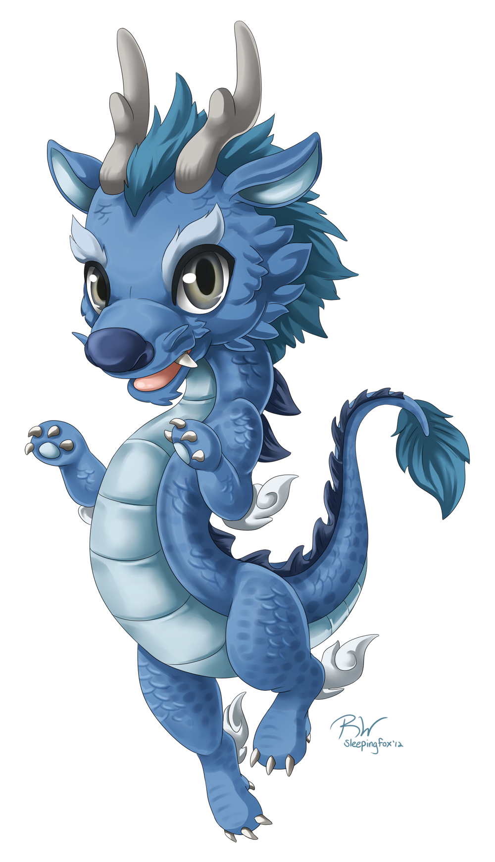 Chibi Blue Dragon Standing With Horns Cute Fan Art PNG
