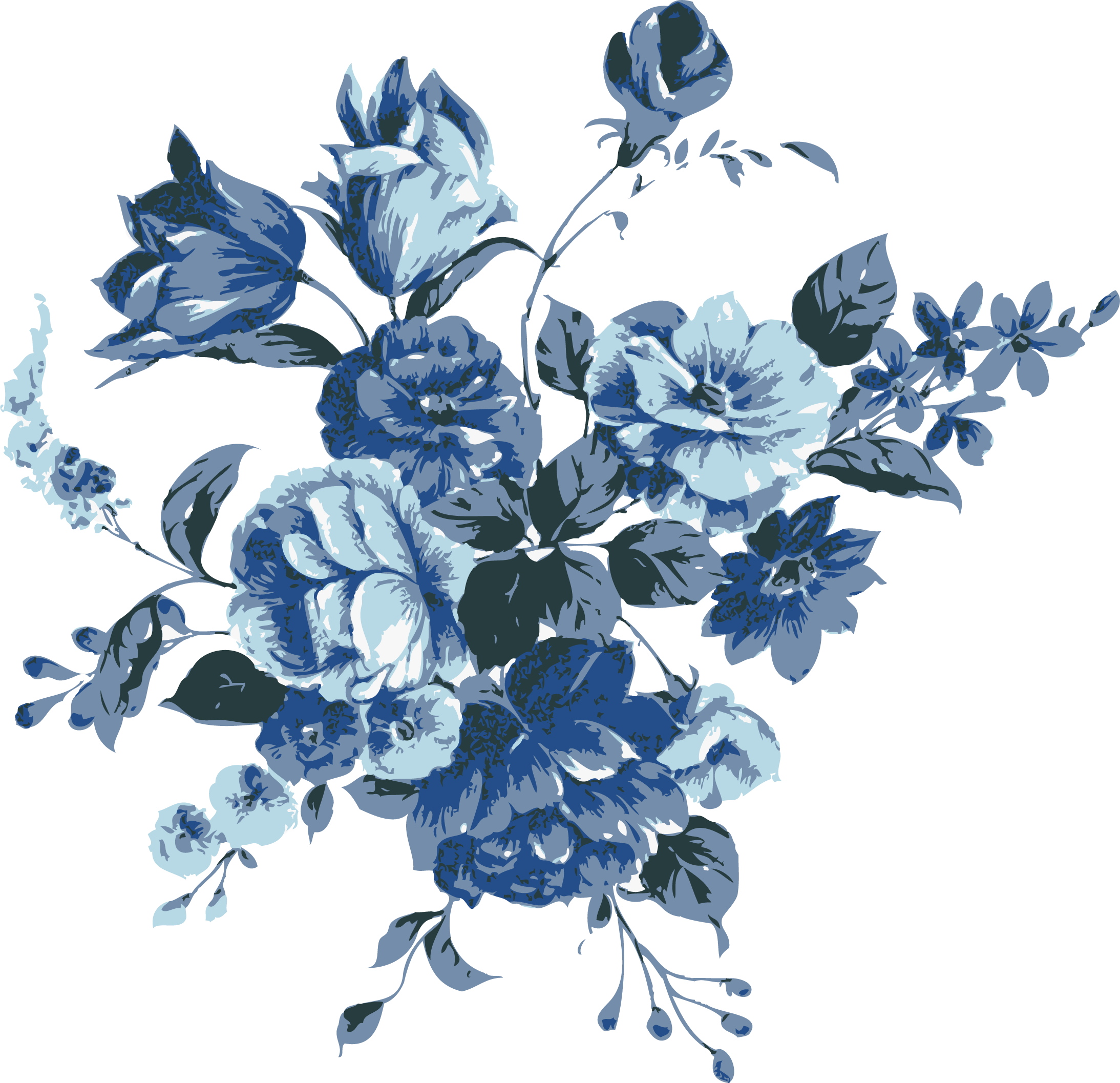 Blue Monochrome Floral Bouquet Illustration