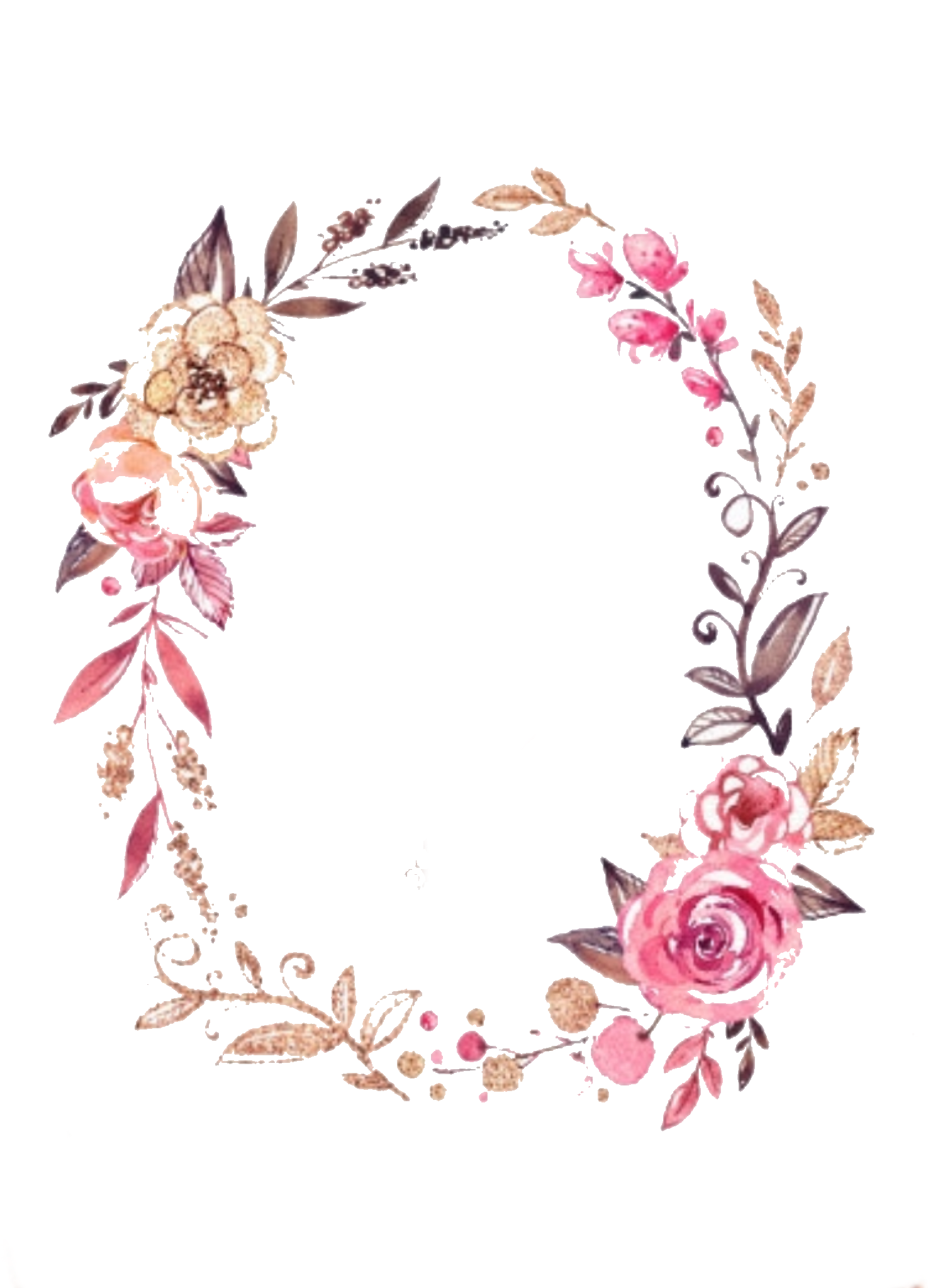 Oval Watercolor Floral Wreath with Pink Roses