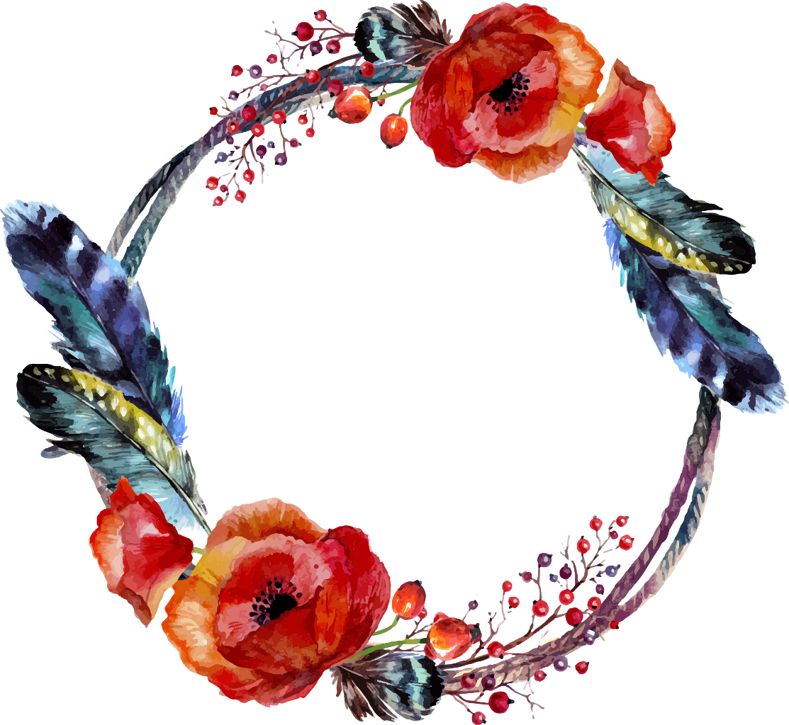 Watercolor Poppy and Feather Wreath Boho Frame