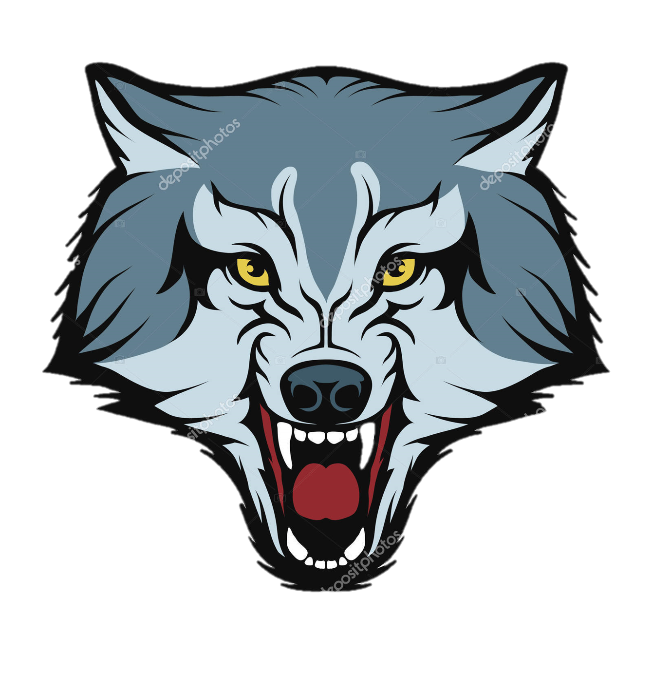 Snarling Grey Wolf Mascot Head with Yellow Eyes