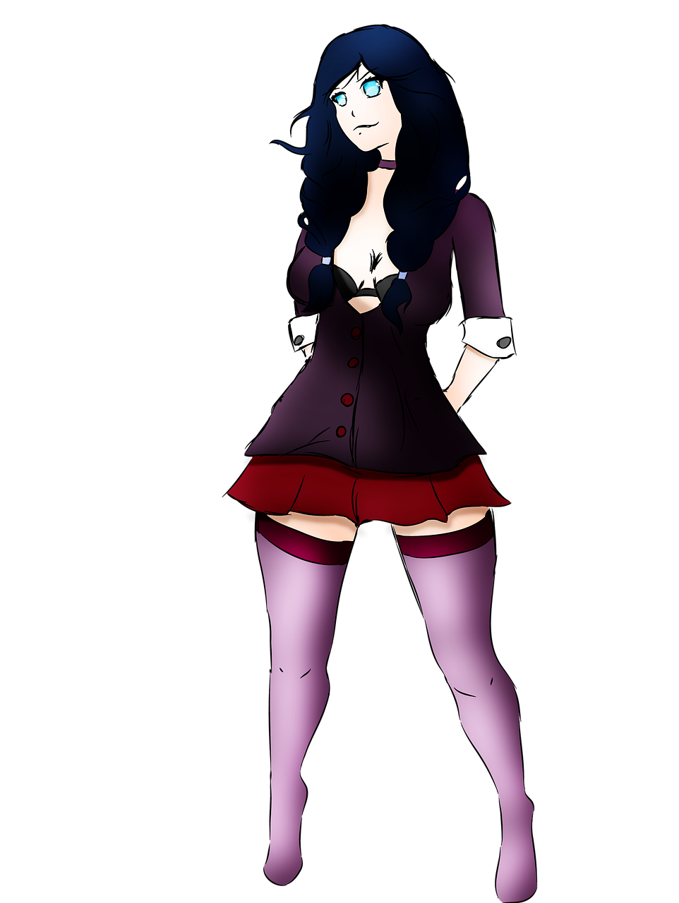 Anime Girl with Long Dark Hair and Red Skirt