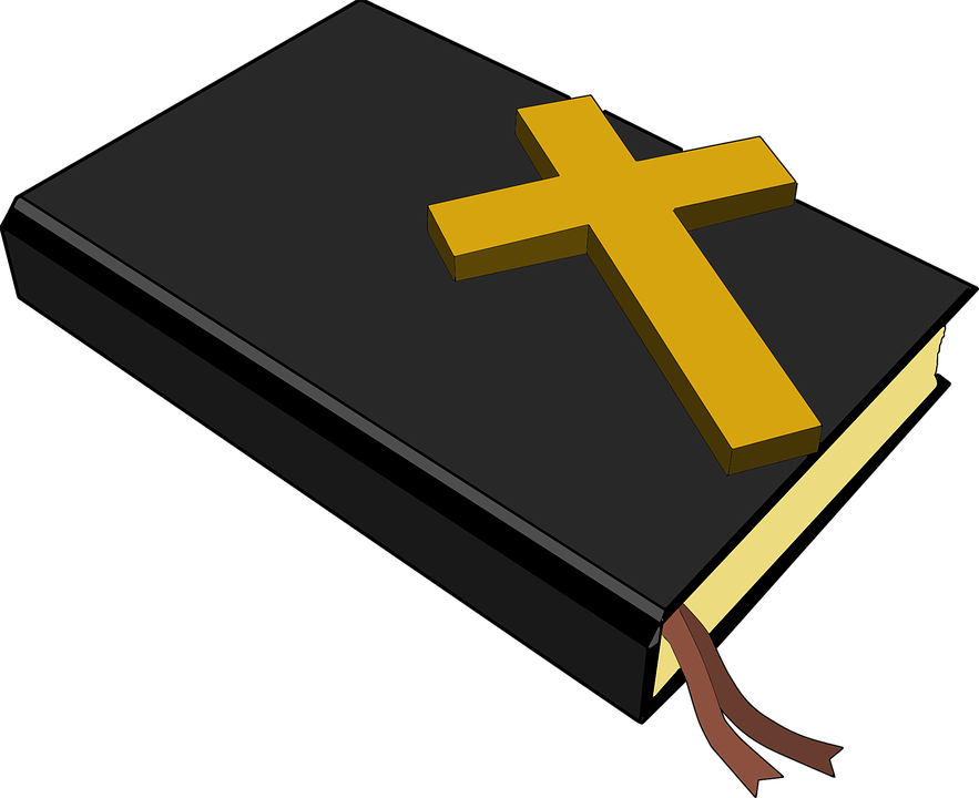 Black Bible with Gold Cross and Ribbon