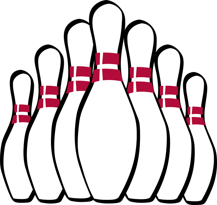Ten Bowling Pins with Red Stripes