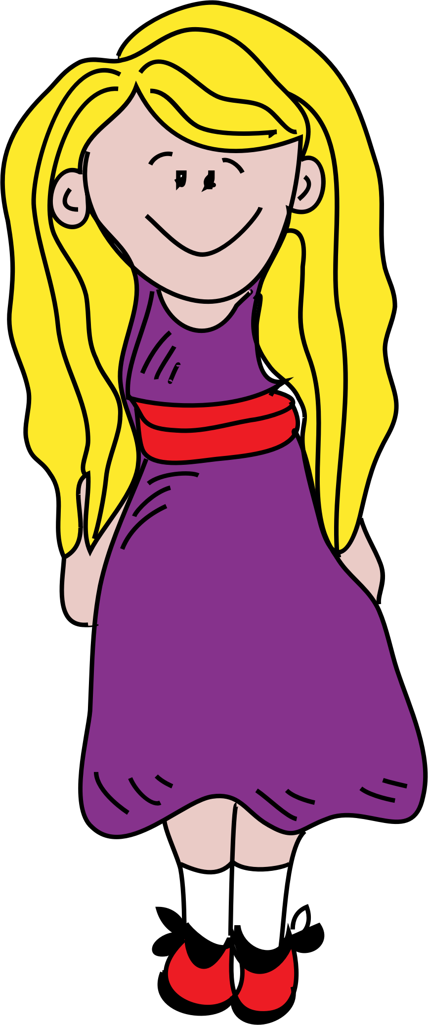 Cartoon Girl in Purple Dress with Red Sash