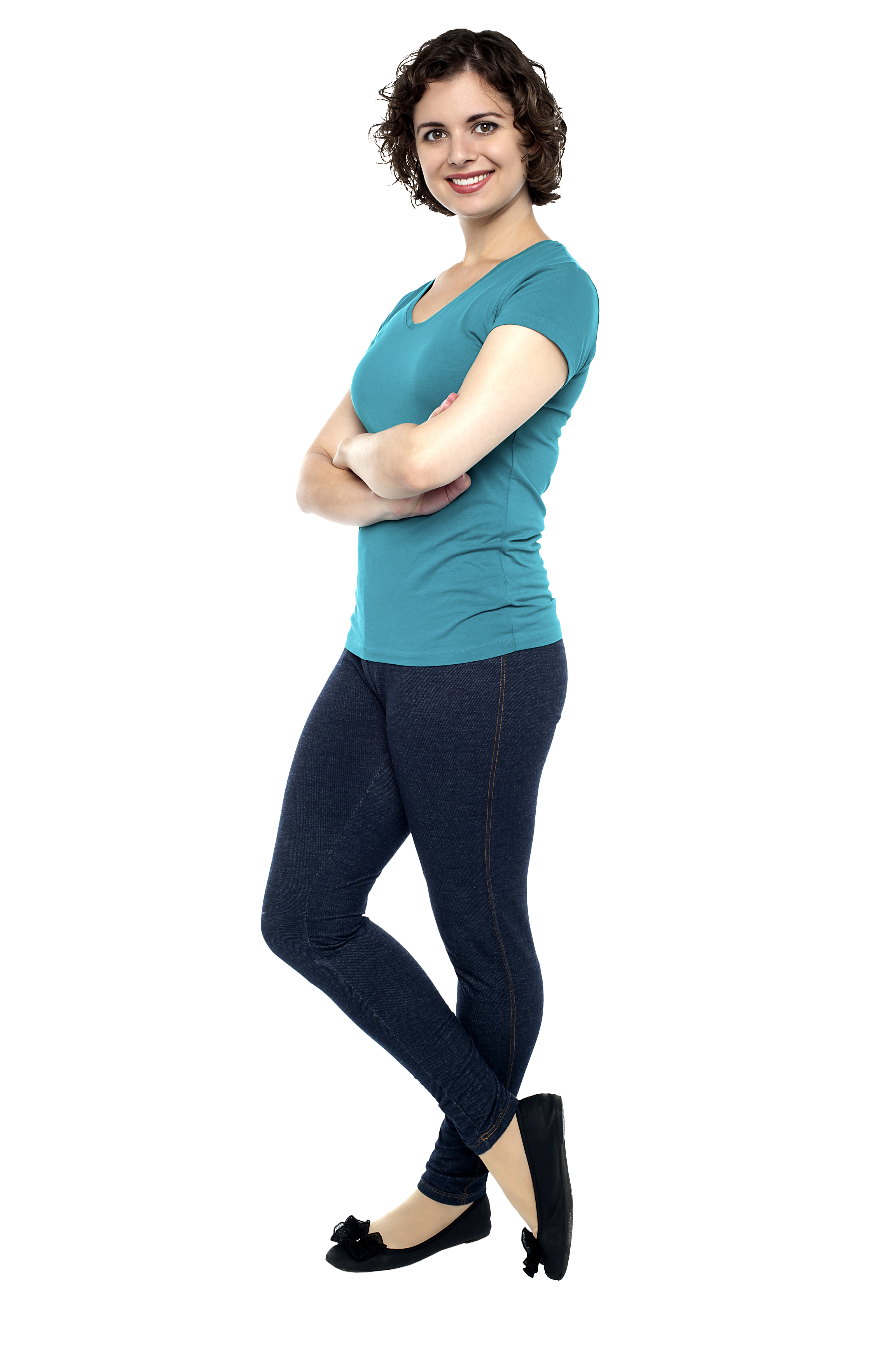 Smiling Woman in Teal Top and Navy Jeans