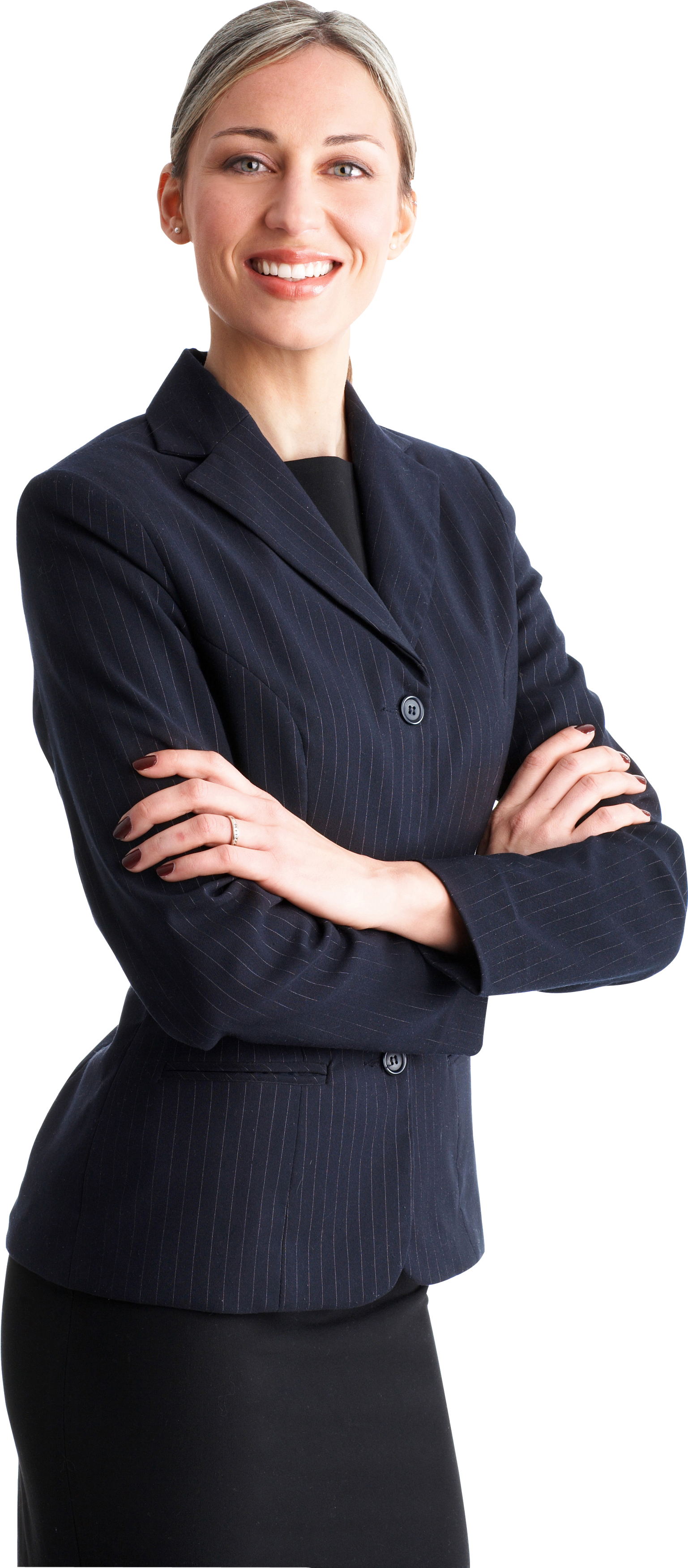 Smiling Businesswoman in Navy Pinstripe Suit