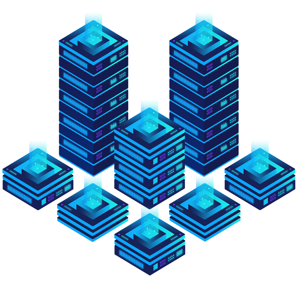 Glowing Blue Isometric Server Stacks Cluster