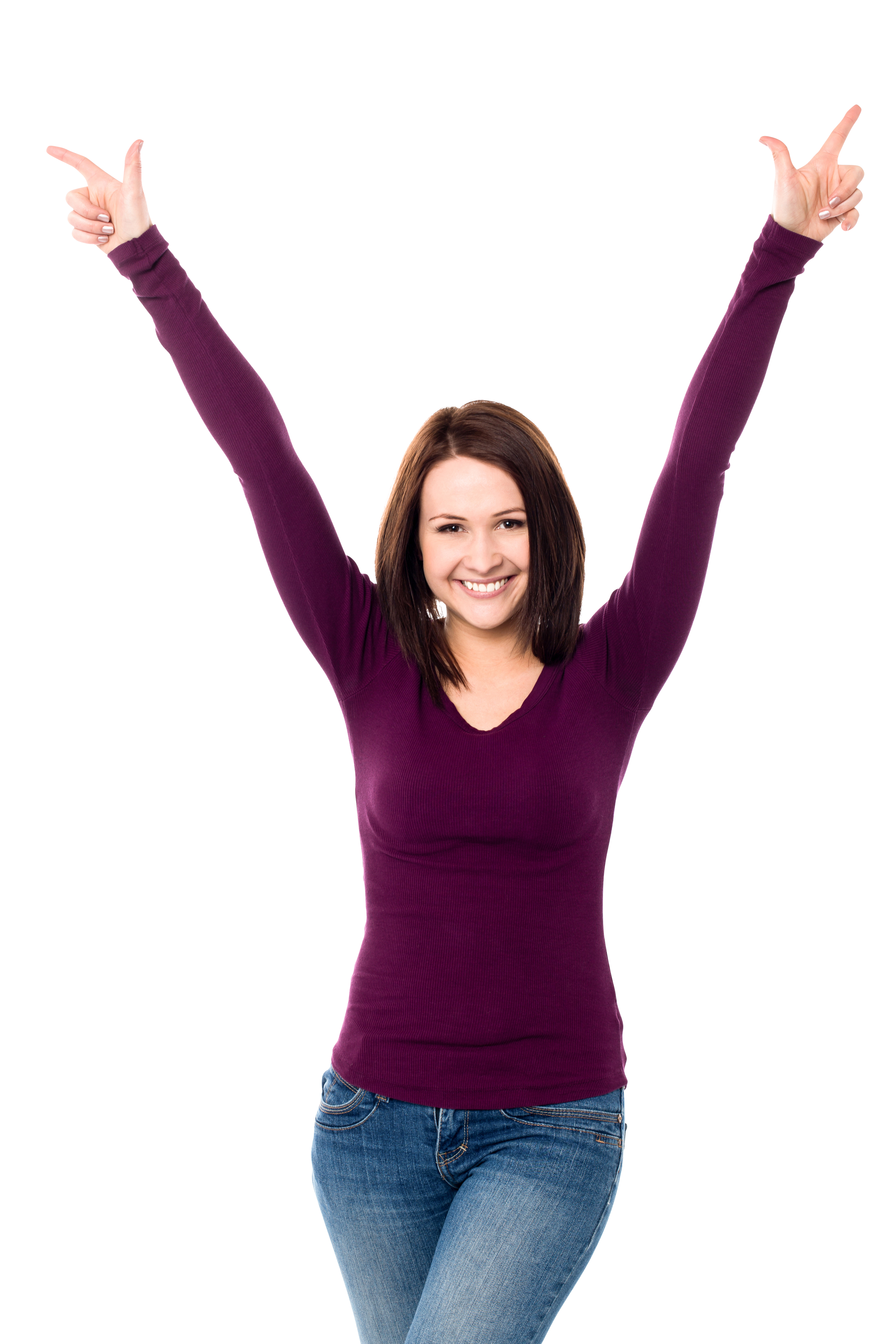 Smiling Woman in Plum Top Raising Arms