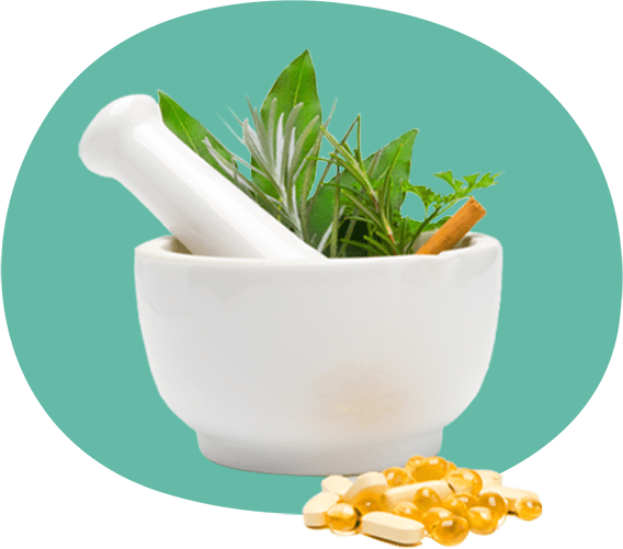 White Mortar and Pestle with Fresh Herbs